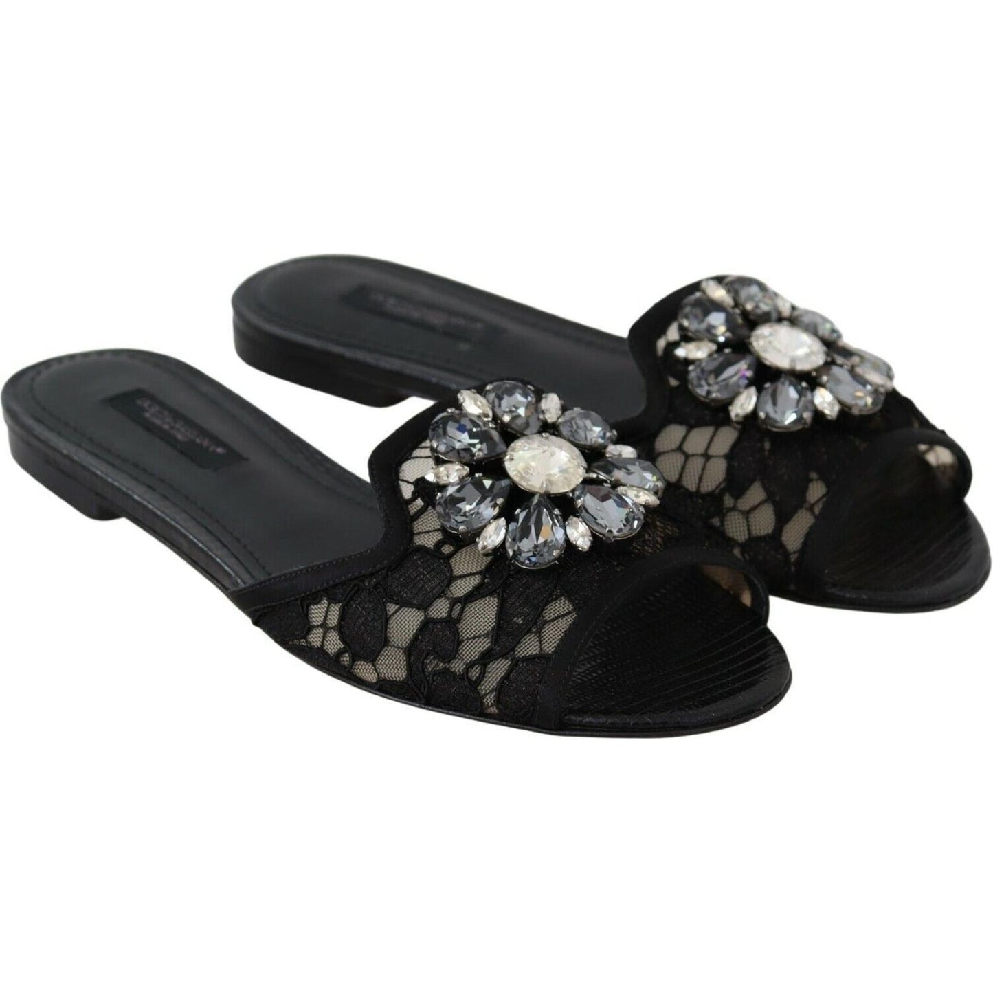 Dolce & Gabbana Black Taormina Lace Slides Crystals Flats Shoes