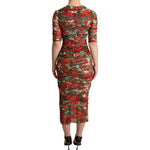 Dolce & Gabbana Red Floral Print Tulle Sheath Midi Dress WOMAN DRESSES