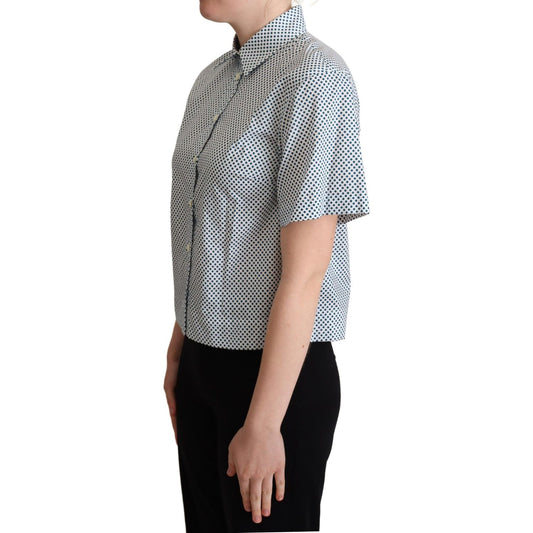 Dolce & Gabbana White Blue Polka Dot Cotton Shirt Blouse Top
