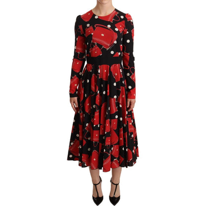 Dolce & Gabbana Black Sicily Bag Print Flared Midi Dress WOMAN DRESSES
