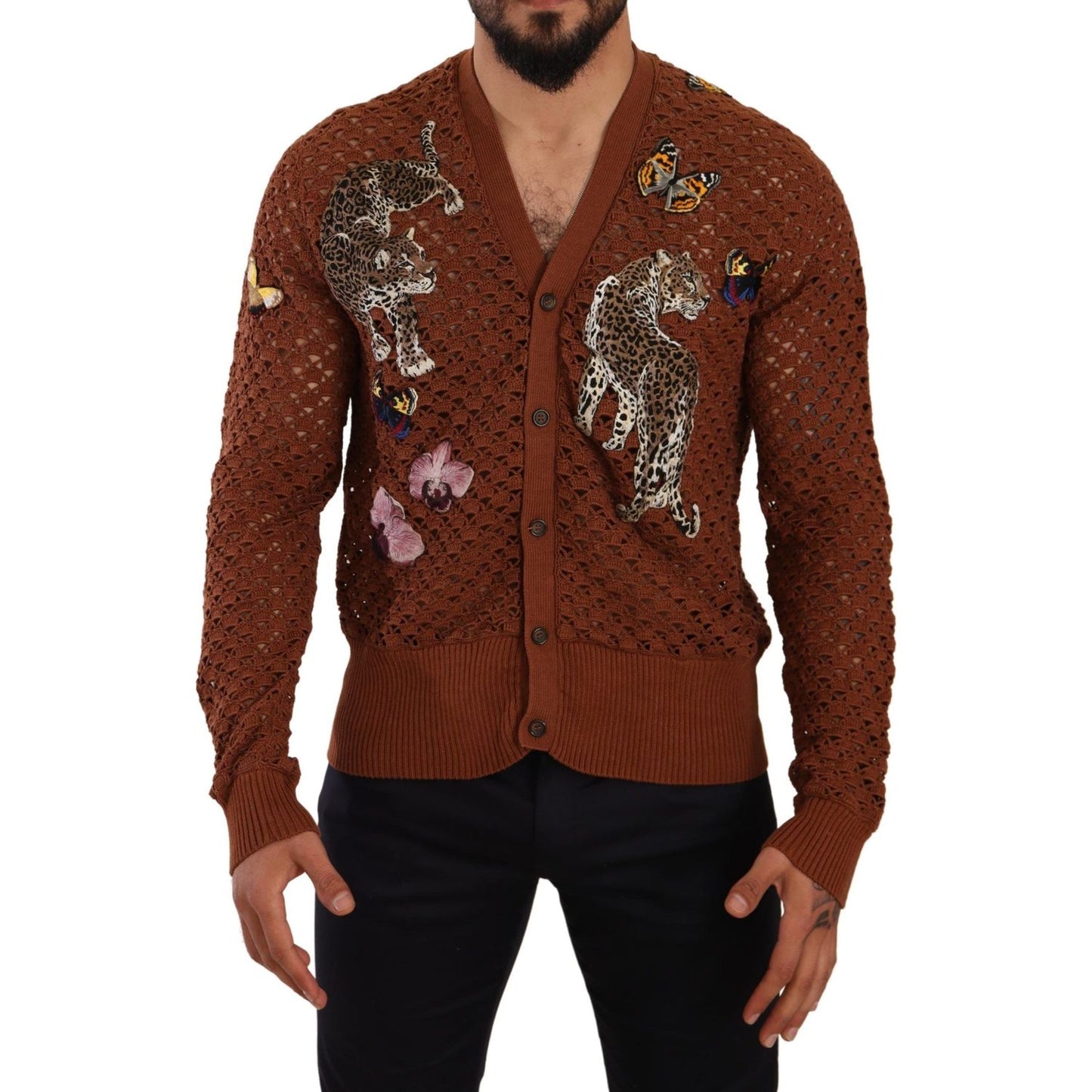 Dolce & Gabbana Brown Leopard Butterfly Cardigan Sweater MAN SWEATERS