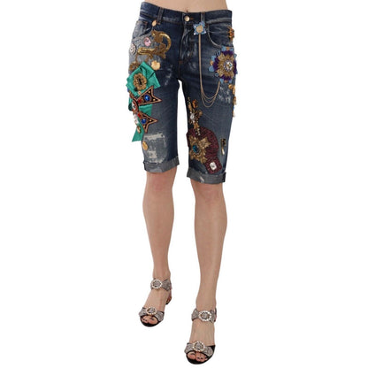 Dolce & Gabbana Blue Denim Mid Waist Crystal Capri Shorts