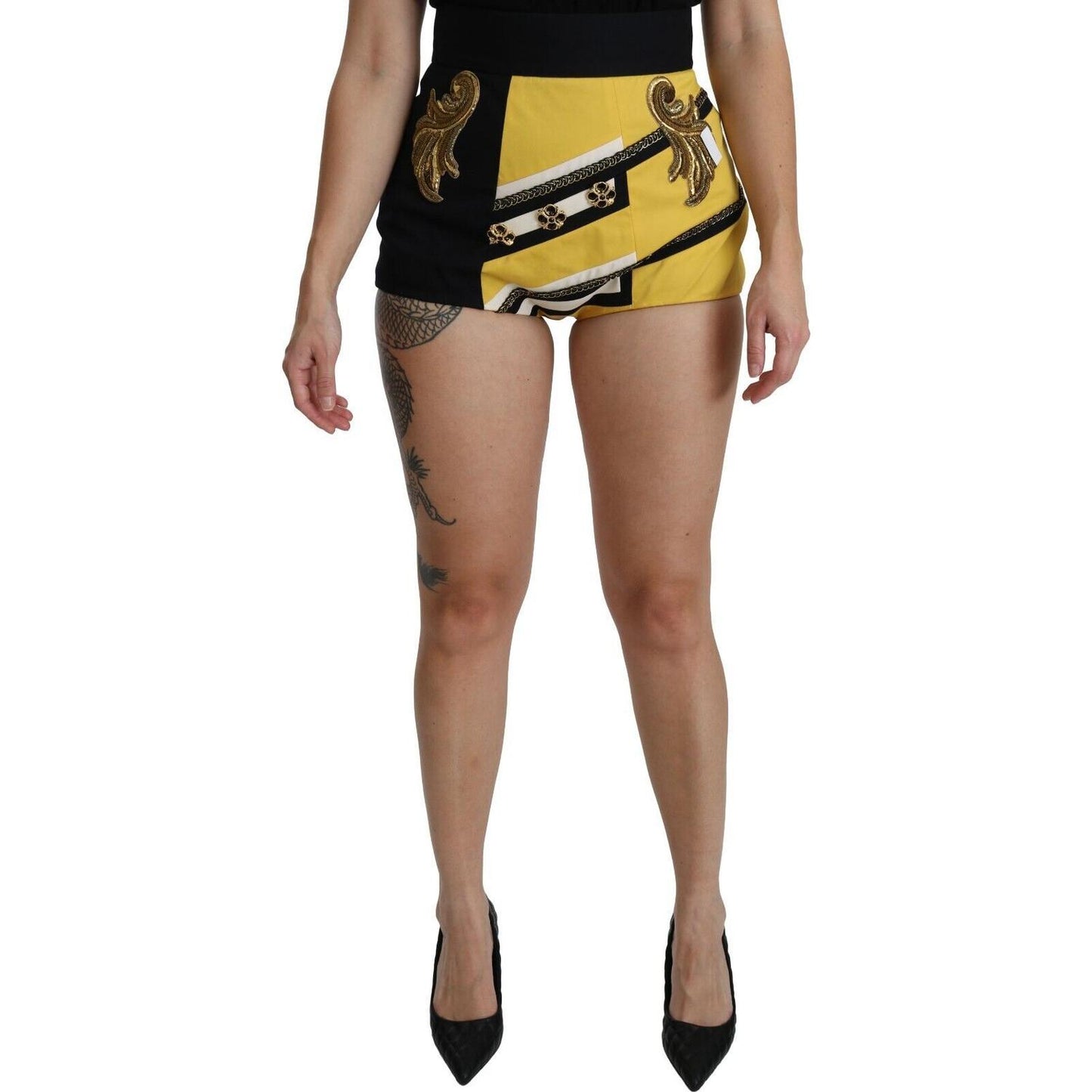 Dolce & Gabbana Yellow Black Cotton Jewelled Hot Pants Shorts Shorts