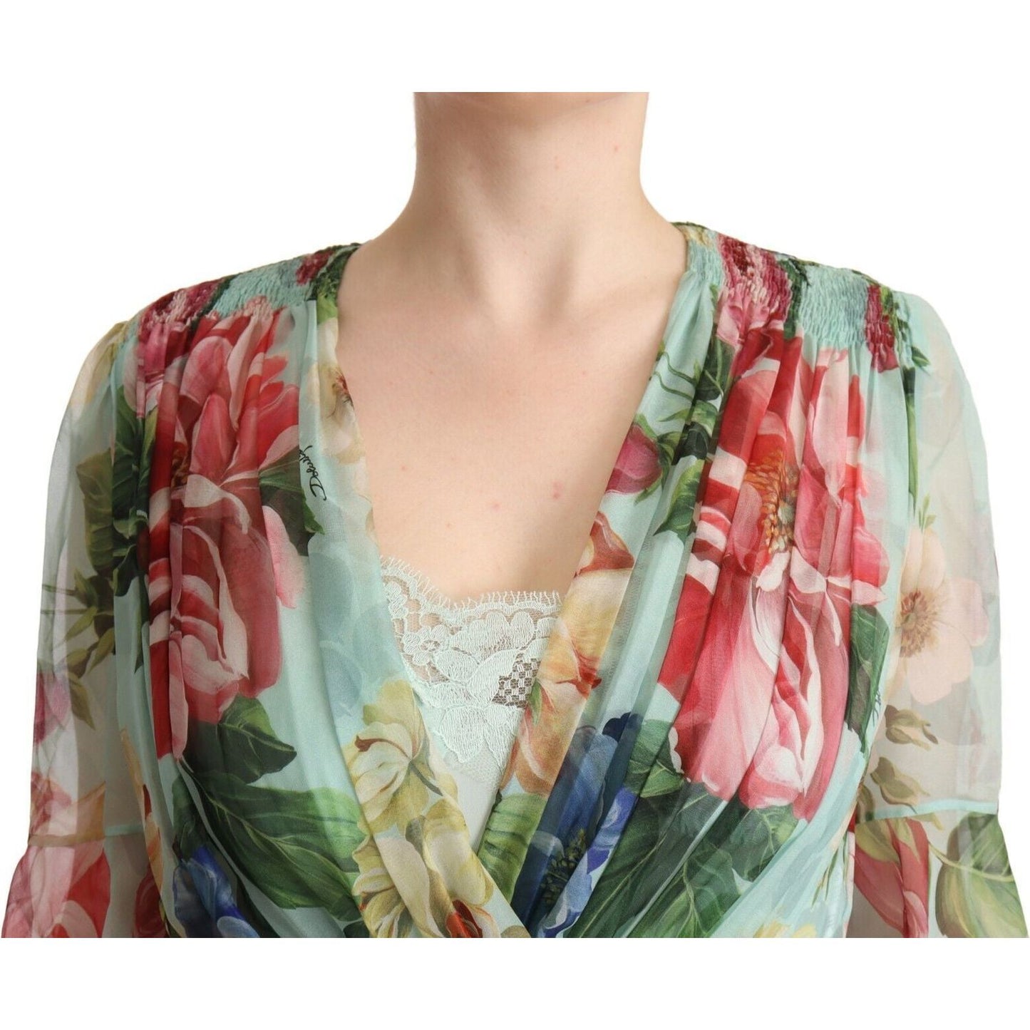 Dolce & Gabbana Green Floral Long Sleeves V-neck Midi Dress WOMAN DRESSES