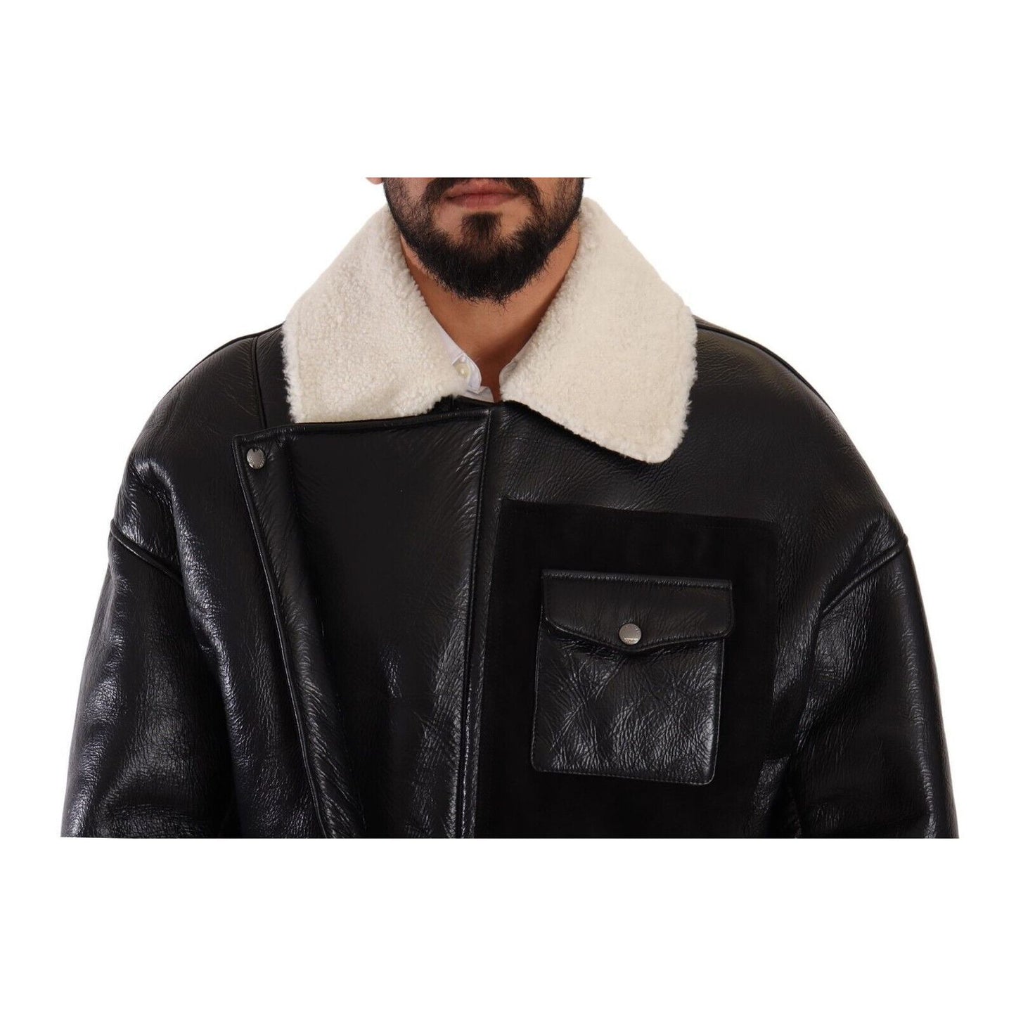 Dolce & Gabbana Black Leather Shearling Biker Coat Jacket