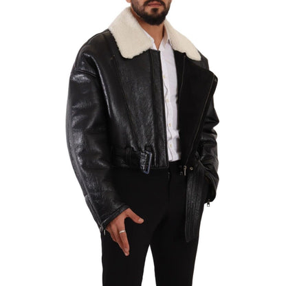 Dolce & Gabbana Black Leather Shearling Biker Coat Jacket