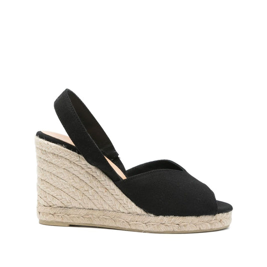 Castañer Castaner Flat shoes Black with jute sole, elasticated slingback strap, and peep toe high wedge heel design.