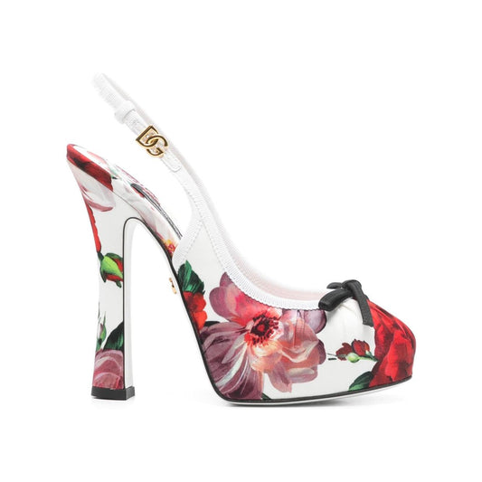 Dolce & Gabbana Floral Printed Satin Slingbacks Medium Heel Dolce & Gabbana Saddle Brown