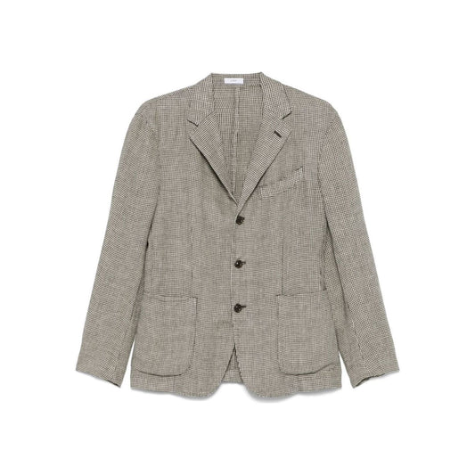 Boglioli grey linen jacket with front button fastening, chest welt pocket, two side patch pockets, and English rear vents.