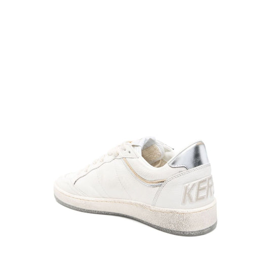 Golden Goose Ball Star sneakers with ecru lace-up, silver detail, rubber sole, and star patch, showcasing sleek design and perforated detailing.