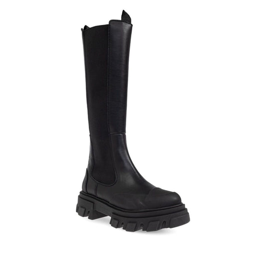 GANNI Boots Black with chunky lug sole, elasticated side panels, and double pull-tabs in black faux-leather.