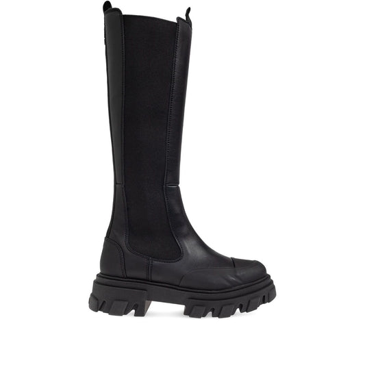 GANNI Boots Black with faux-leather, elasticated panels, pull-tab, chunky lug sole, round toe, high Chelsea design.