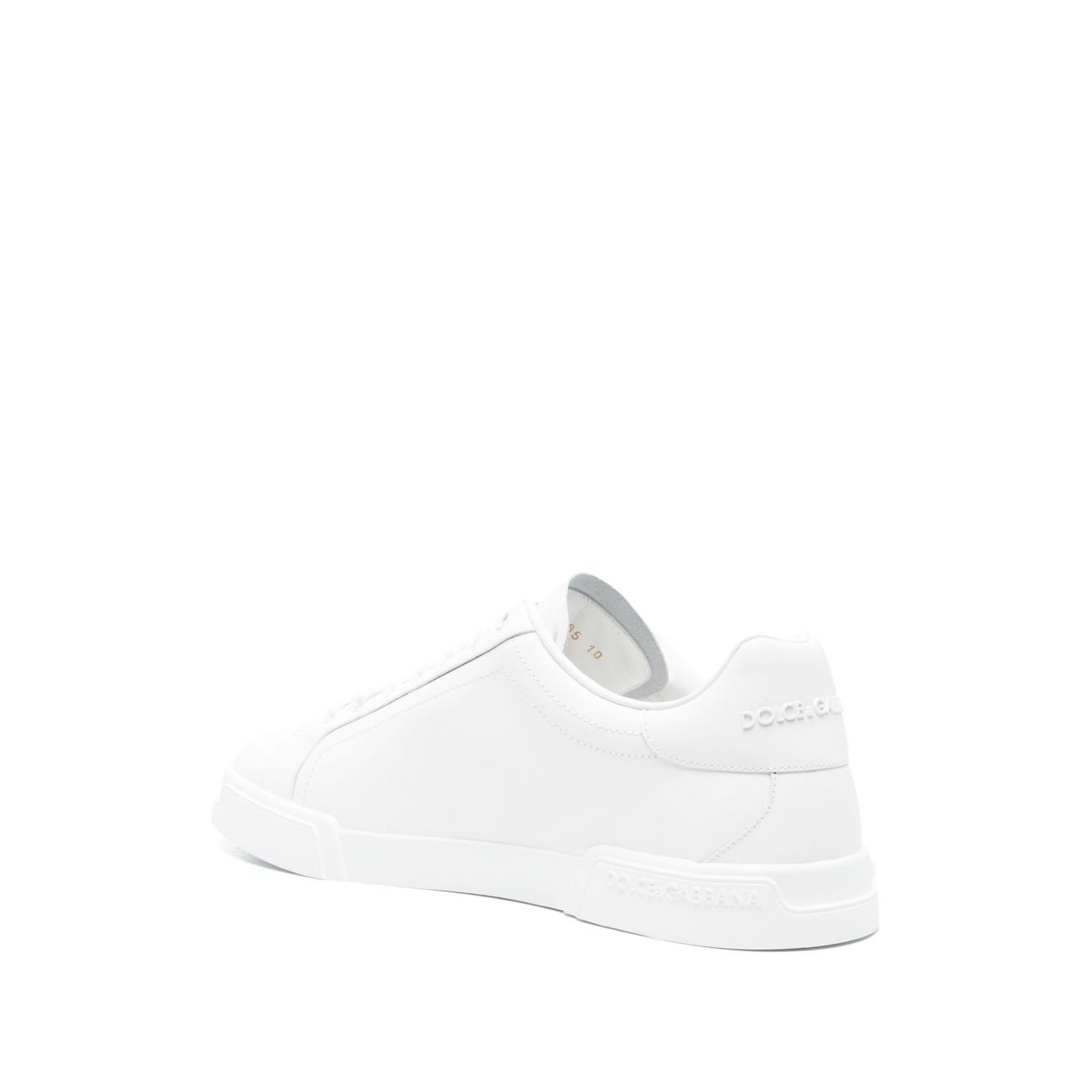 Dolce & Gabbana Sneakers White with round toe and logo patch, featuring a flat rubber sole, side view of Portofino leather design.