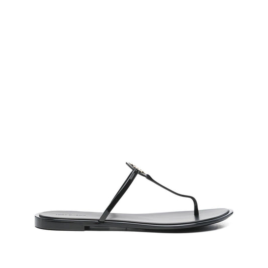 Tory Burch Sandals Black with Double T motif and branded insole, almond open toe design in Mini Miller thong style.
