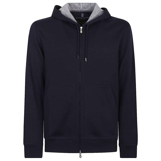 Brunello Cucinelli Sweaters Blue hoodie in cobalt blue with grey hood, drawstring, and front pouch pockets.