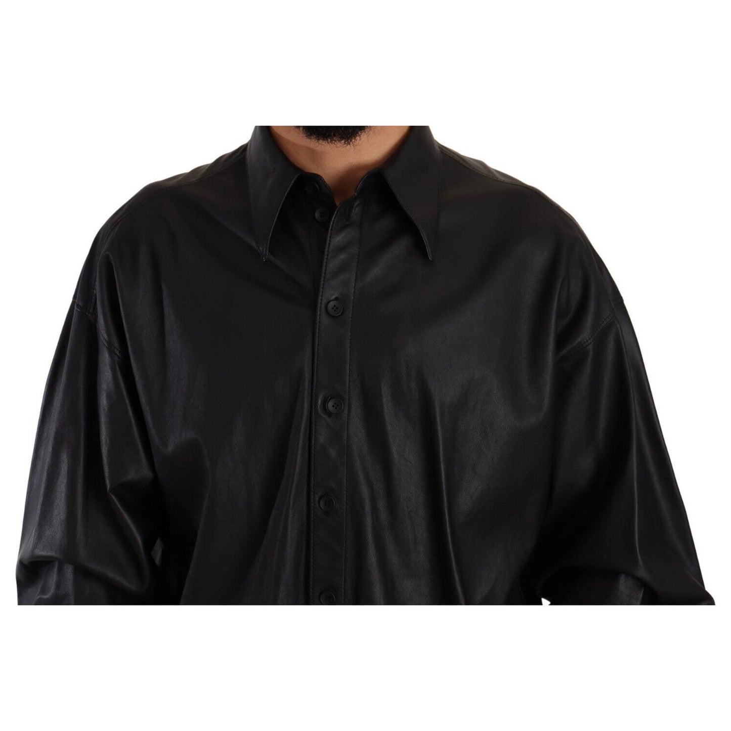 Dolce & Gabbana Black Leather Button Down Men Collared Jacket