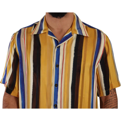Dolce & Gabbana Yellow Striped Short Sleeve Silk Shirt