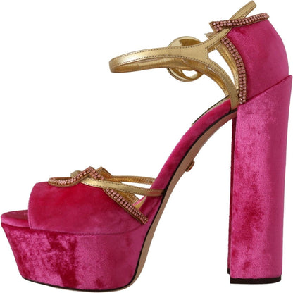 Dolce & Gabbana Pink Velvet Crystal Ankle Strap Sandals Shoes