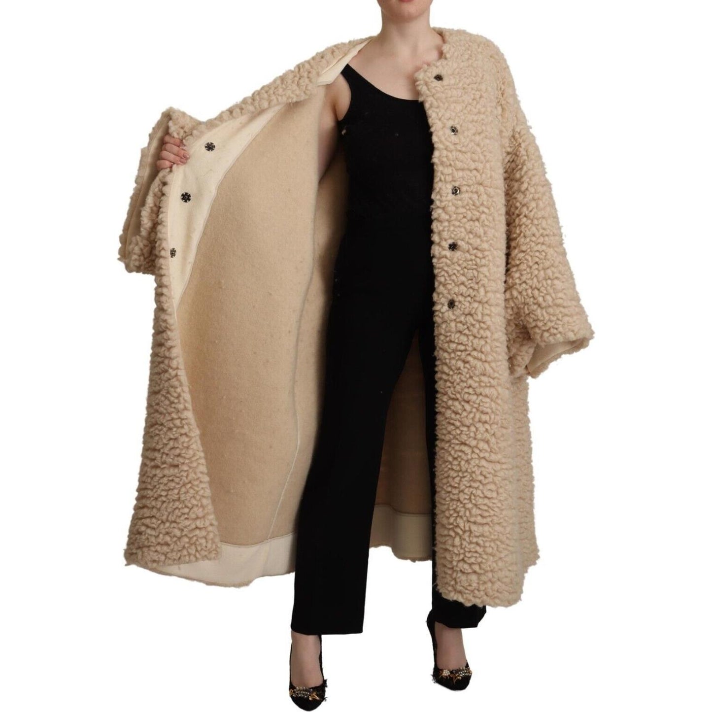 Dolce & Gabbana Beige Cashmere Wool Faux Fur Coat Jacket