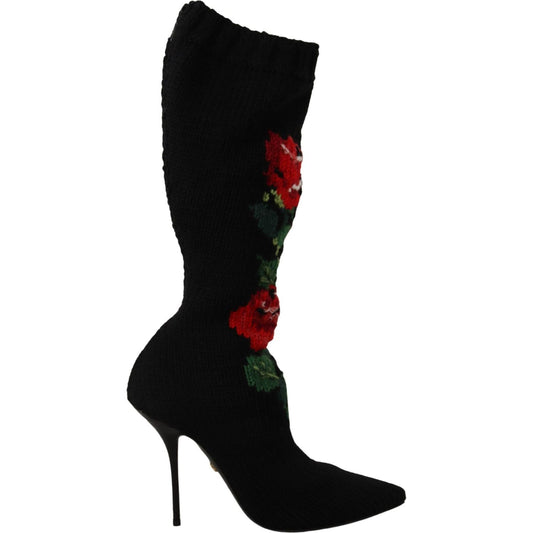 Dolce & Gabbana Elegant Sock Boots with Red Roses Detail Dolce & Gabbana Black