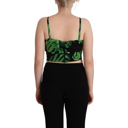 Dolce & Gabbana Black Green Leaf Silk Halter Cropped Top