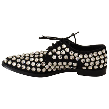 Dolce & Gabbana Black Leather Crystals Lace Up Formal Shoes