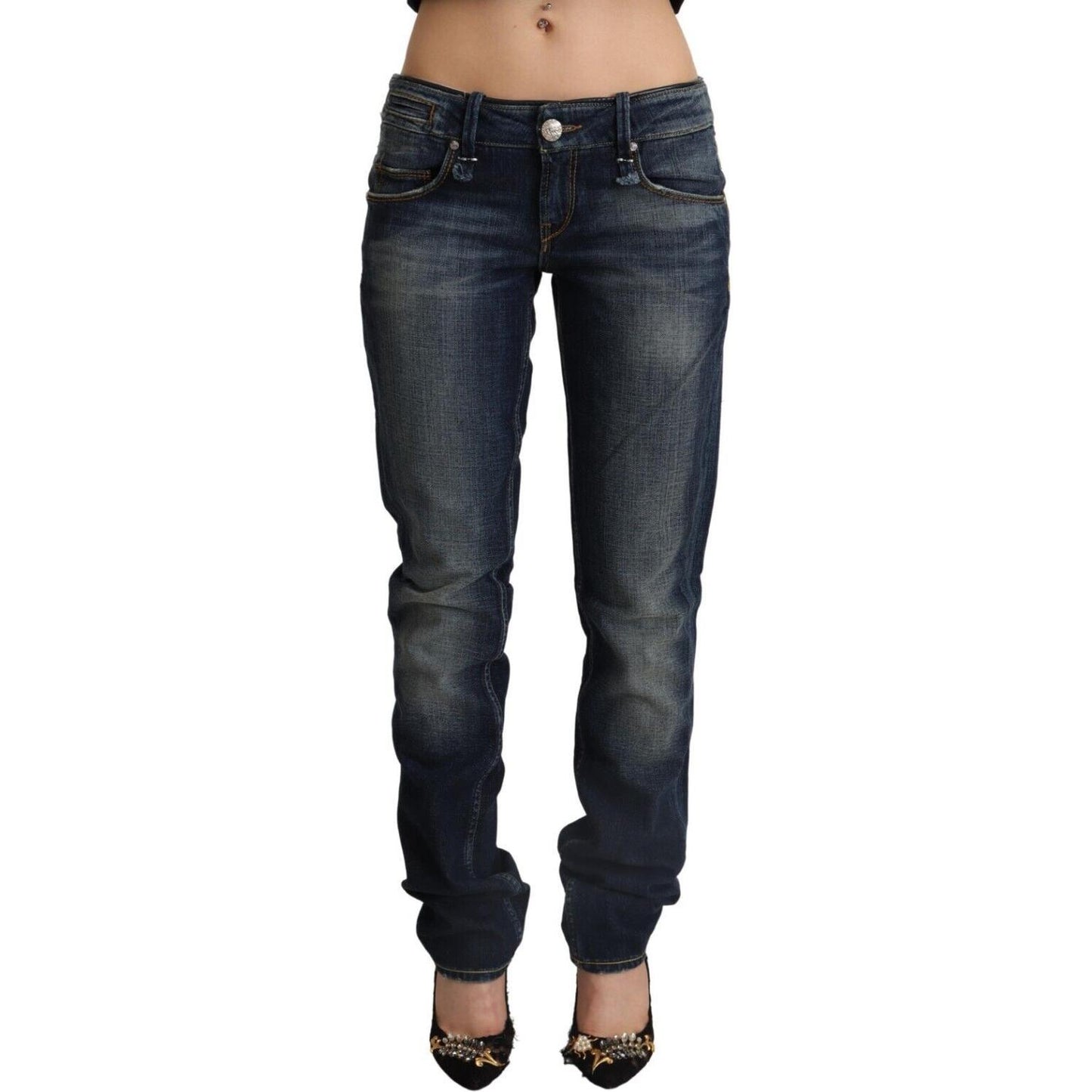 Acht Dark Blue Washed Cotton Skinny Denim Low Waist Jeans