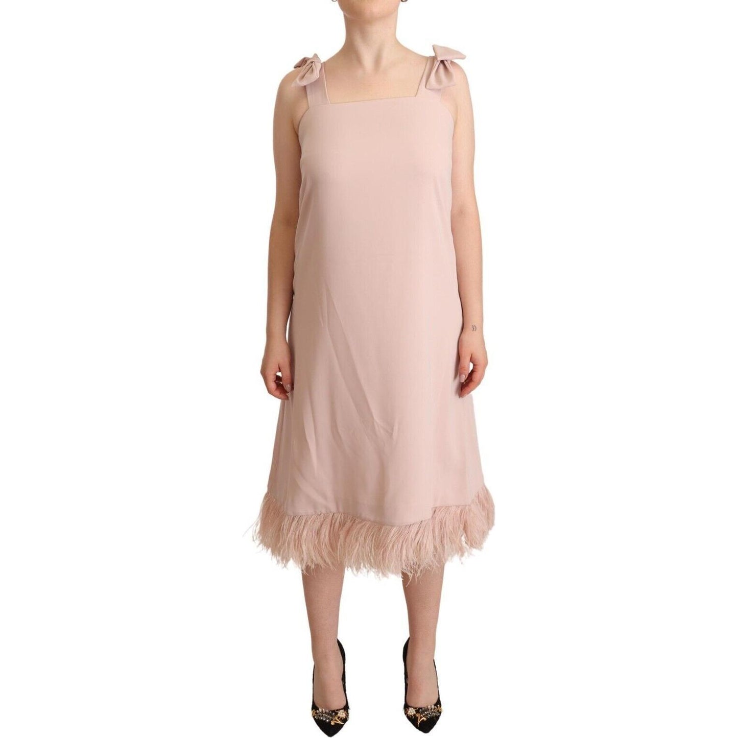 P.A.R.O.S.H. Pink Polyester Sleeveless Midi Feather Shift Dress DR28429 - 42