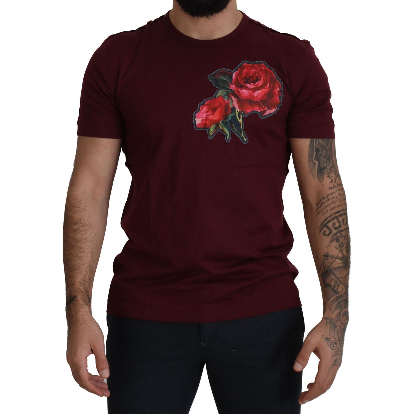 Dolce & Gabbana Bordeaux Roses Cotton Crewneck T-shirt
