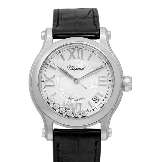 CHOPARD MOD. HAPPY SPORT AUTOMATIC W/Diamonds wristwatch with stainless steel case, alligator leather strap, and sapphire dial.