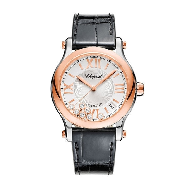 CHOPARD MOD. HAPPY SPORT AUTOMATIC W/Diamonds luxury watch with black strap and rose gold details.