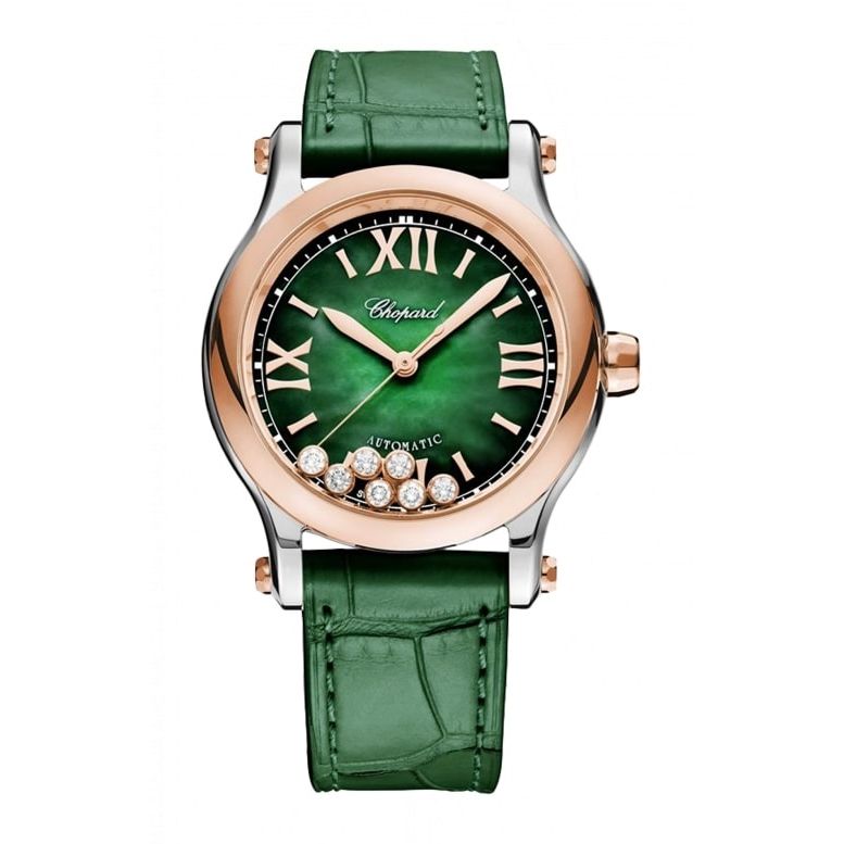 CHOPARD MOD. HAPPY SPORT AUTOMATIC W/Diamonds wristwatch with rose gold case, green leather strap, and sapphire dial. Water resistant 3 ATM.