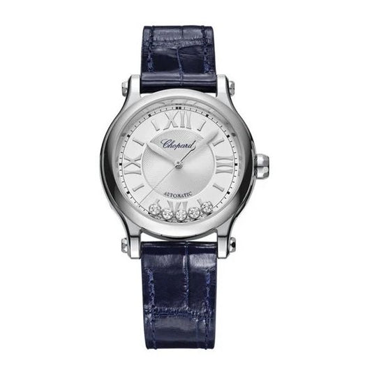 CHOPARD MOD. HAPPY SPORT AUTOMATIC - THE FIRST COLLECTION W/Diamonds, 33mm stainless steel case, alligator leather strap, luxury women's watch.