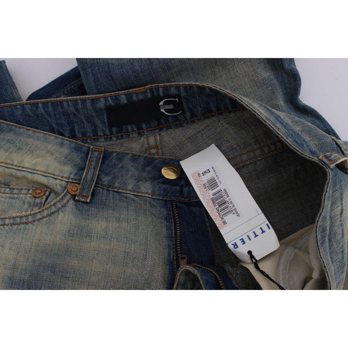 بنطلون جينز كافالي الأنيق ذو قصة واسعة باللون الأزرق