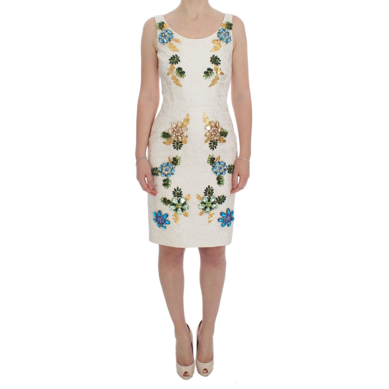 Dolce & Gabbana White Brocade Crystal Sheath Dress