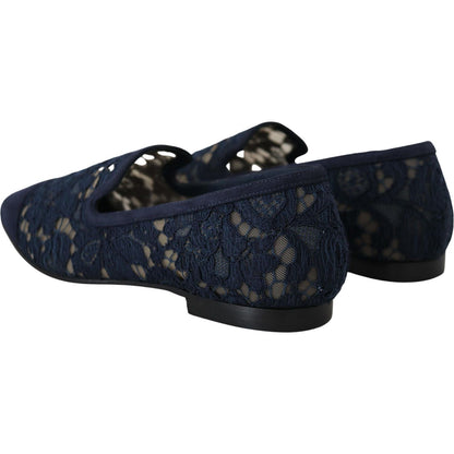 Dolce & Gabbana Blue Floral Lace Slip Ons Loafers Flats Shoes