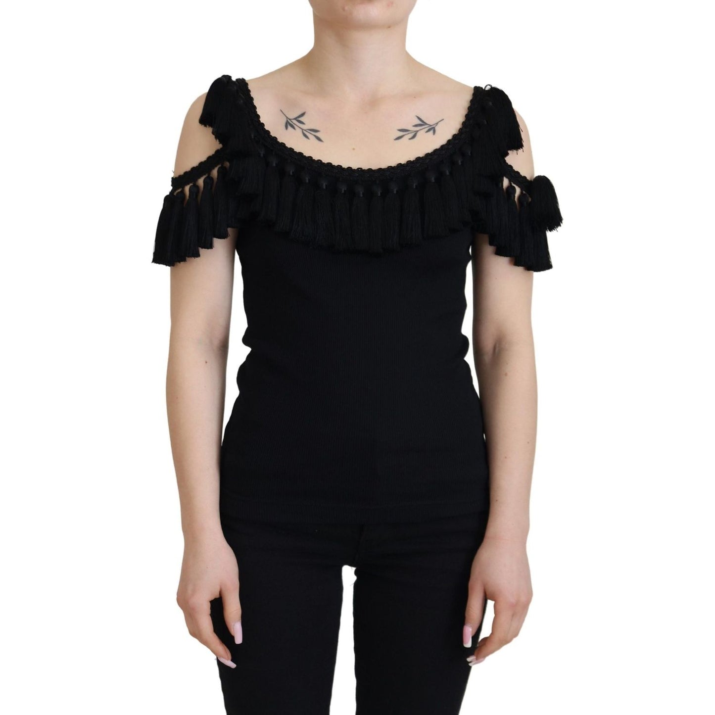 Dolce & Gabbana Black Tank Top Blouse Tassle Cotton Blouse
