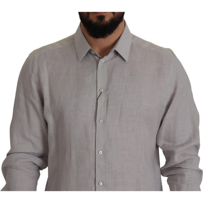 Dolce & Gabbana Gray Linen Long Sleeves Formal GOLD Shirt MAN SHIRTS