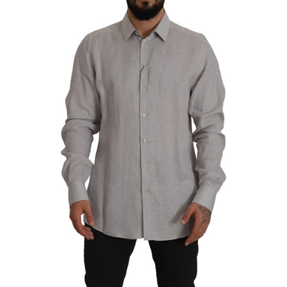 Dolce & Gabbana Gray Linen Long Sleeves Formal GOLD Shirt MAN SHIRTS