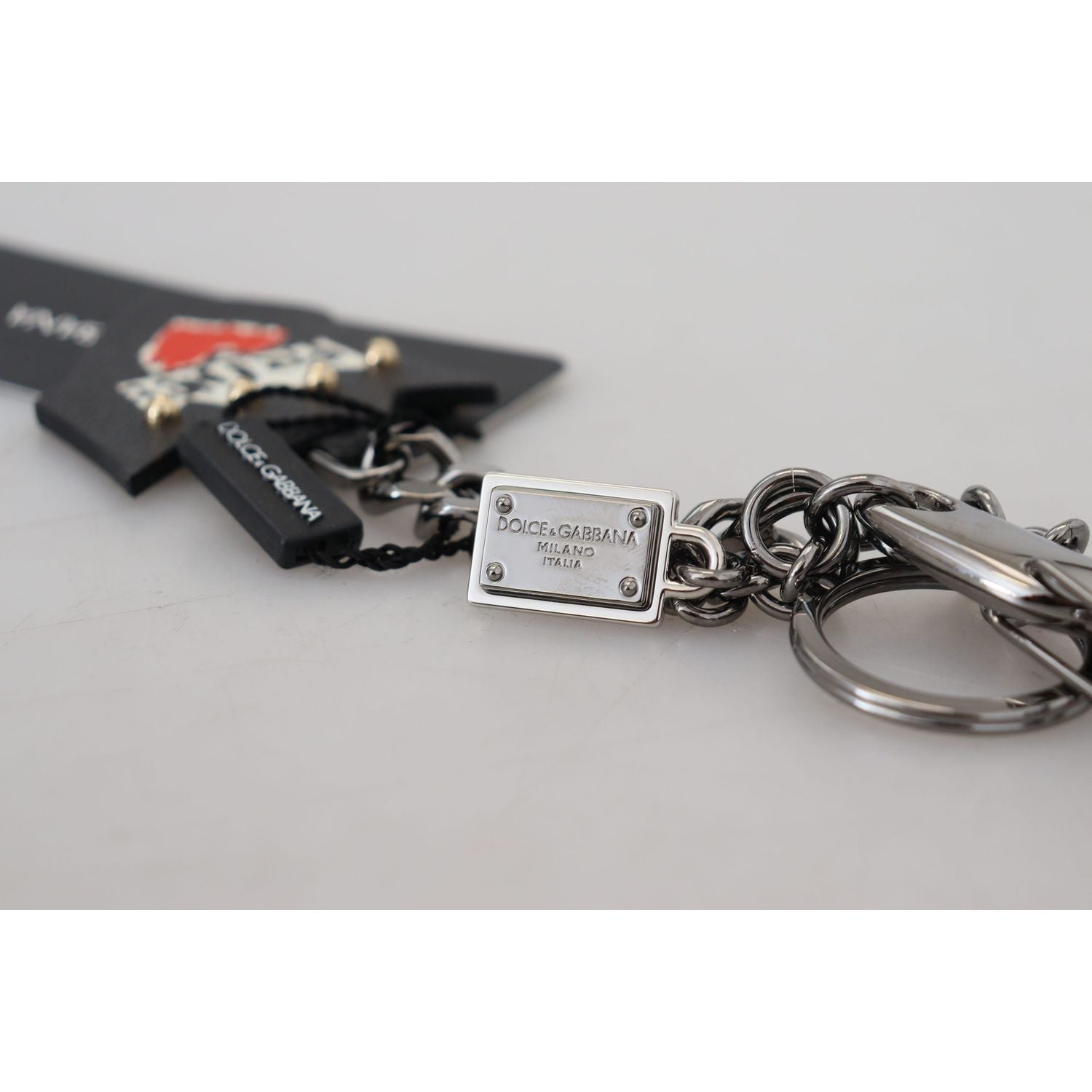 Dolce & Gabbana Black Prince Studs Logo Silver Brass Keychain