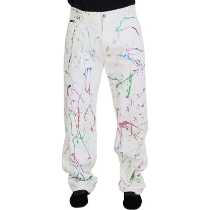 Dolce & Gabbana White Cotton Color Splash Print Denim Pants