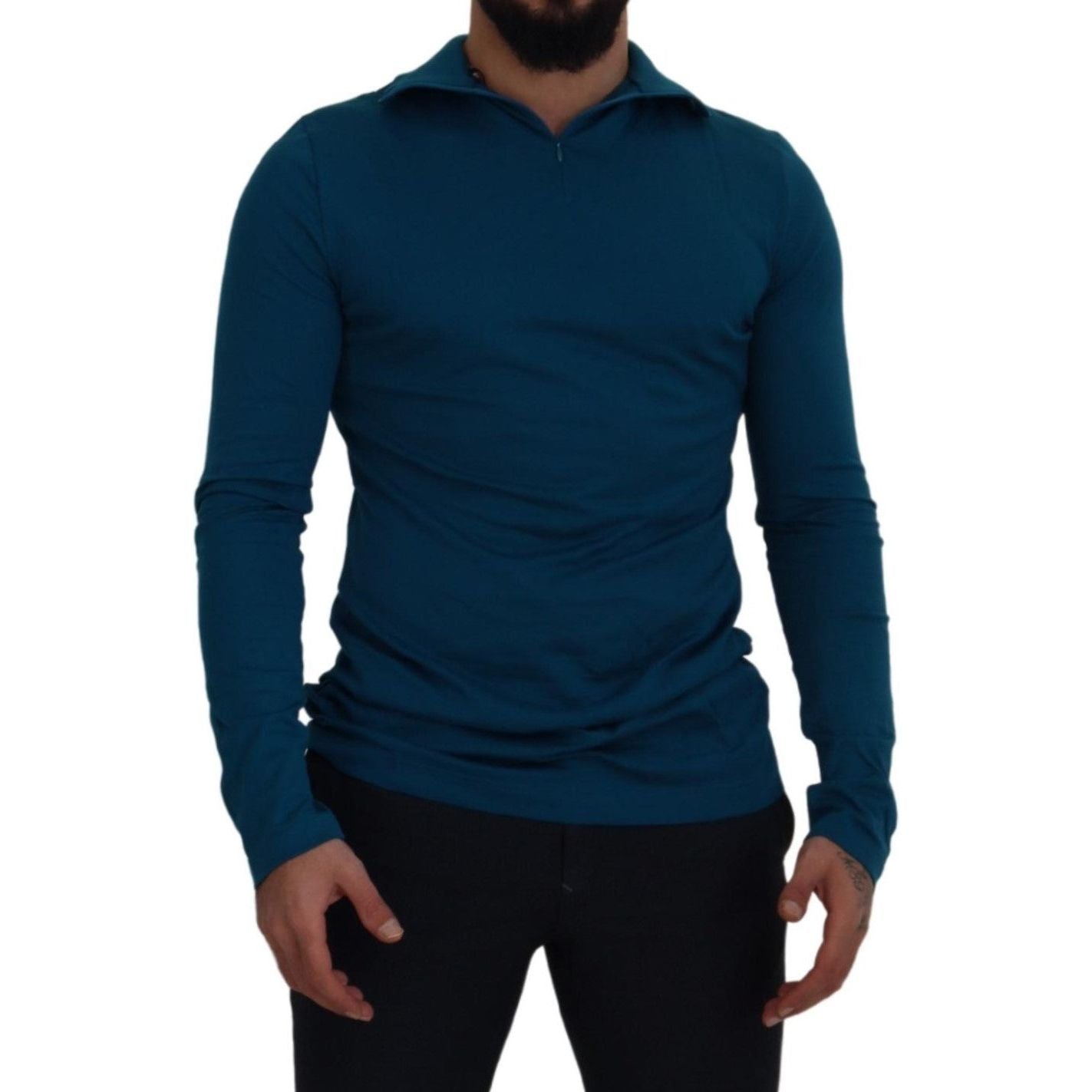 Dolce & Gabbana Blue Cotton Collared Slim Pullover Sweater