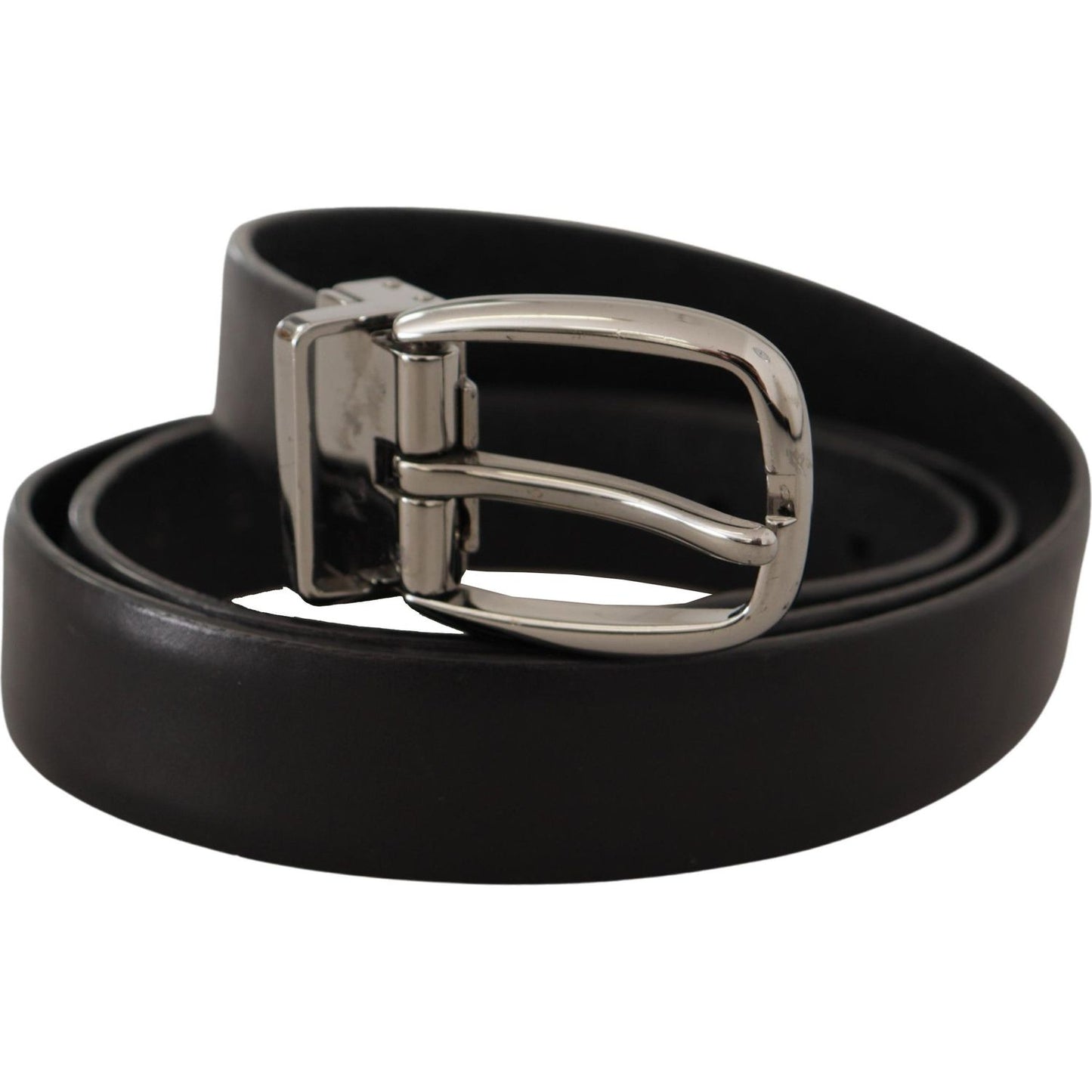 Dolce & Gabbana Black Leather Chrome Logo Metal Buckle Belt