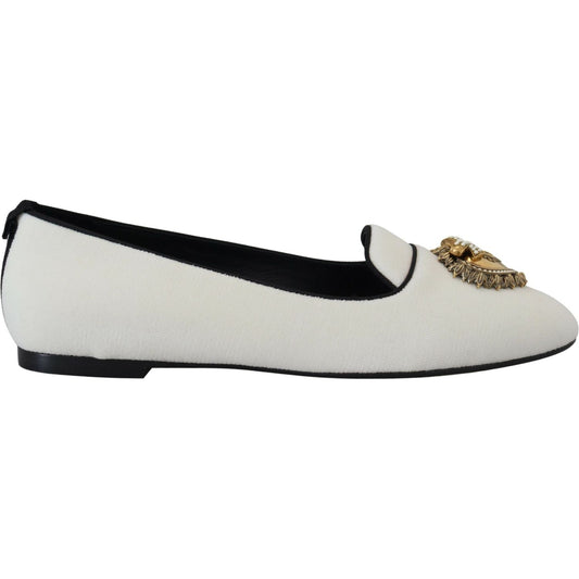Dolce & Gabbana Elegant White Velvet Loafers with Gold Heart Detail Dolce & Gabbana Light Gray