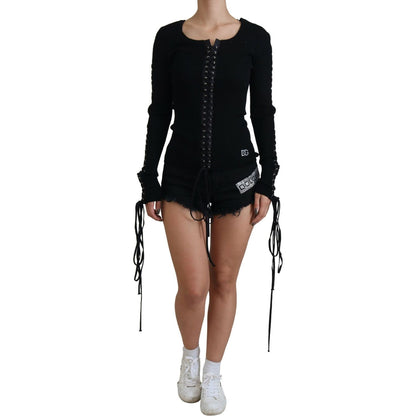 Dolce & Gabbana Black Wool Knitted Tie Up Slim Fit Sweater