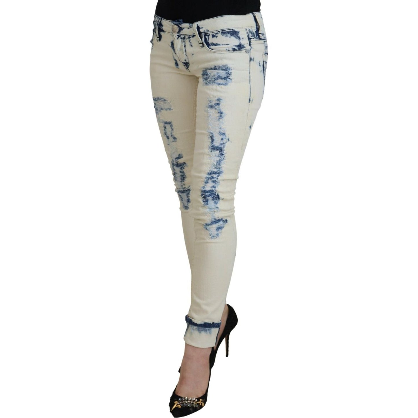 Acht White Blue Cotton Skinny Women Tattered Denim Jeans