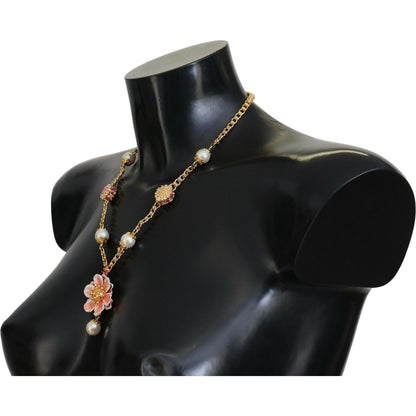 Dolce & Gabbana Gold Tone Floral Crystals Pink Embellished Necklace