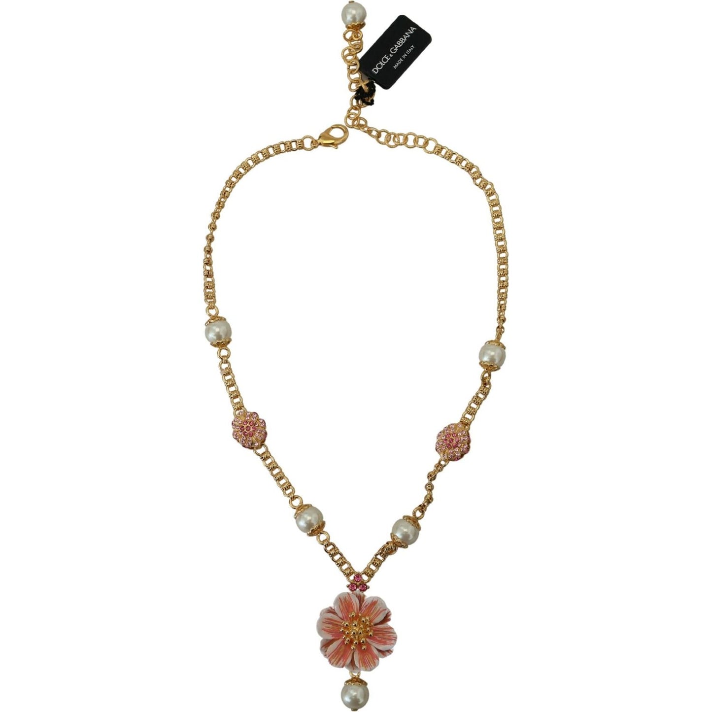 Dolce & Gabbana Gold Tone Floral Crystals Pink Embellished Necklace