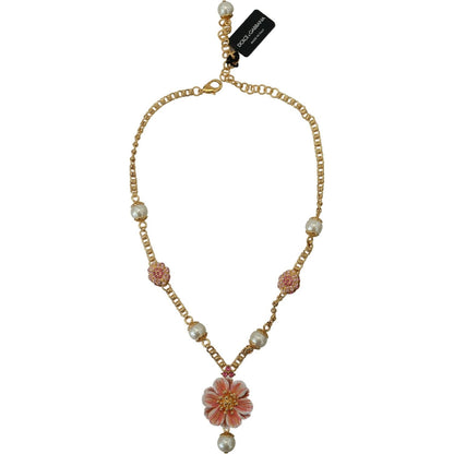 Dolce & Gabbana Gold Tone Floral Crystals Pink Embellished Necklace
