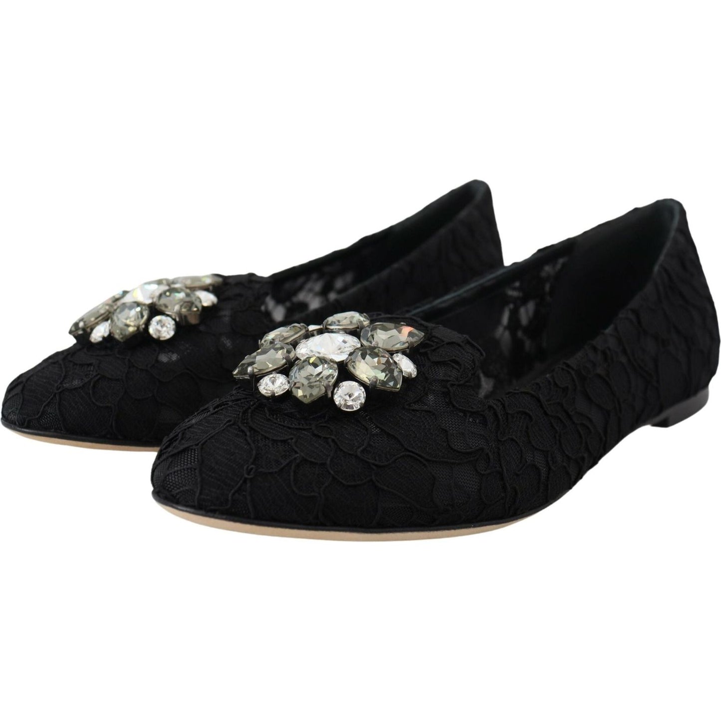 Dolce & Gabbana Black Taormina Lace Crystals Flats Shoes